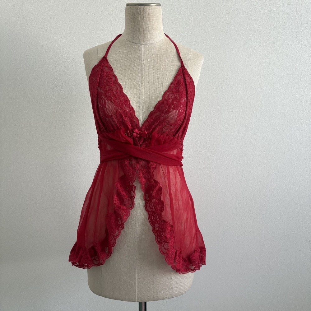 Fredericks of Hollywood Chemise Camisole Halter Top Red Lace Babydoll Sexy Large